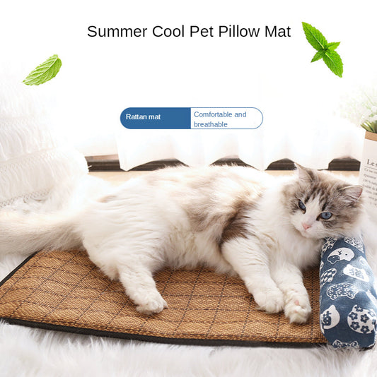 Summer Rattan Pet Cooling Mat w/ Pillow